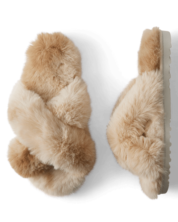 Womens Faux Fur Criss Cross Slippers