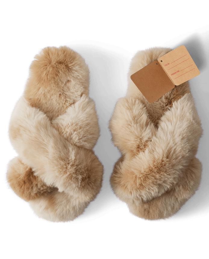 Womens Faux Fur Criss Cross Slippers