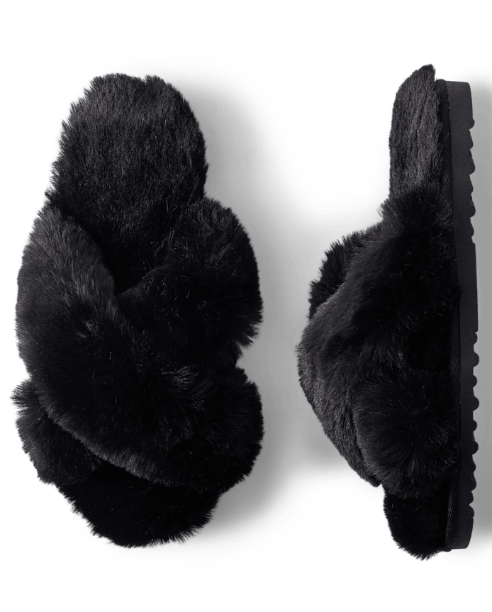 Womens Faux Fur Criss Cross Slippers