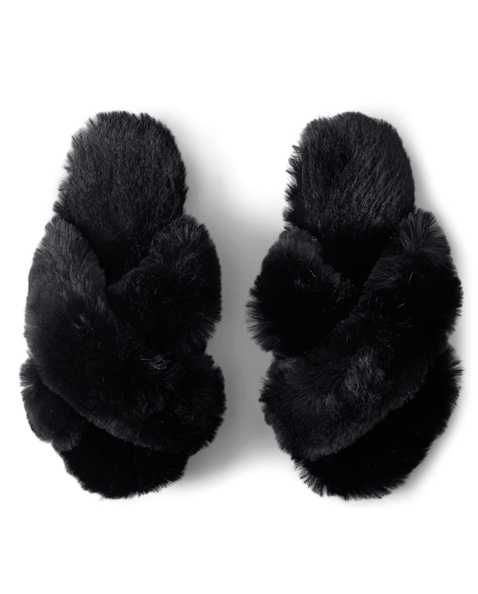 Womens Faux Fur Criss Cross Slippers