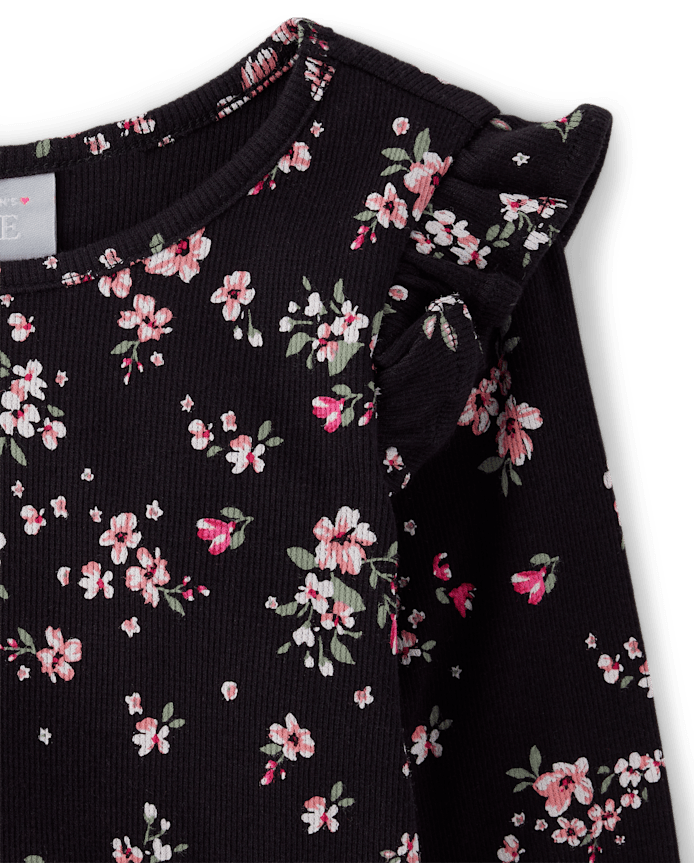 Baby And Toddler Girls Floral Ribbed Flutter Top