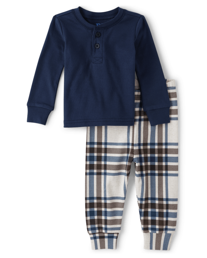 Baby And Toddler Boys Plaid Henley Snug Fit Cotton Pajamas
