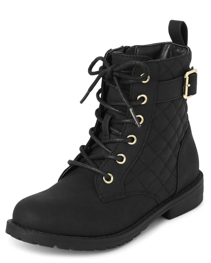 Girls Quilted Buckle Lace-Up Boots