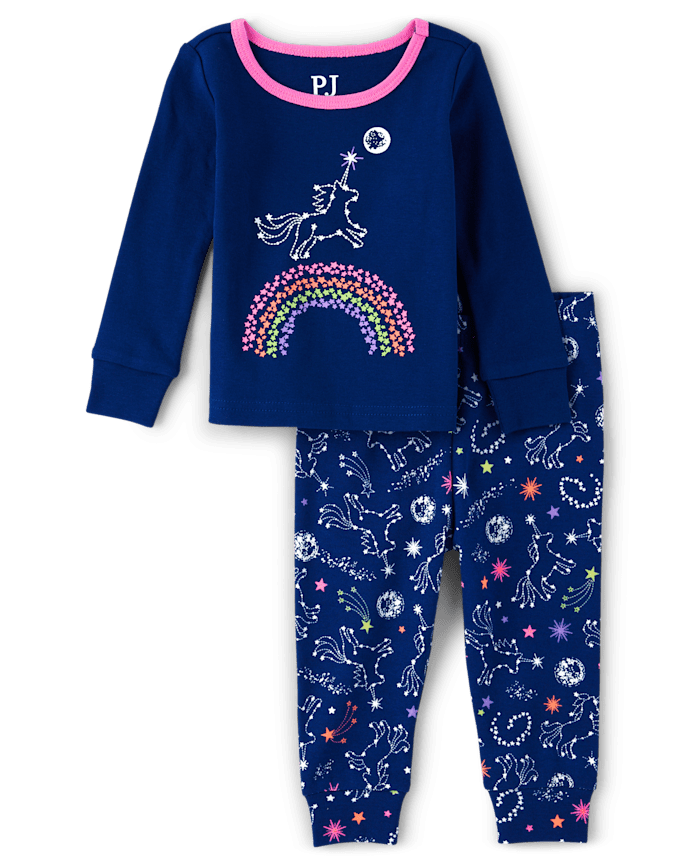 Baby And Toddler Girls Glow Unicorn Rainbow Snug Fit Cotton Pajamas