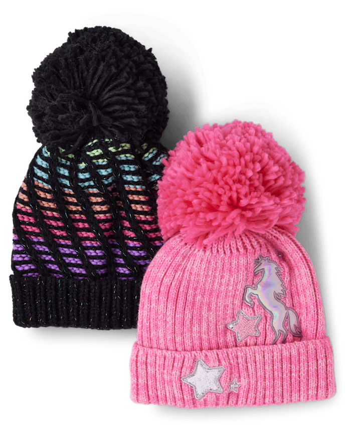 Girls Unicorn Pom Beanie 2-Pack