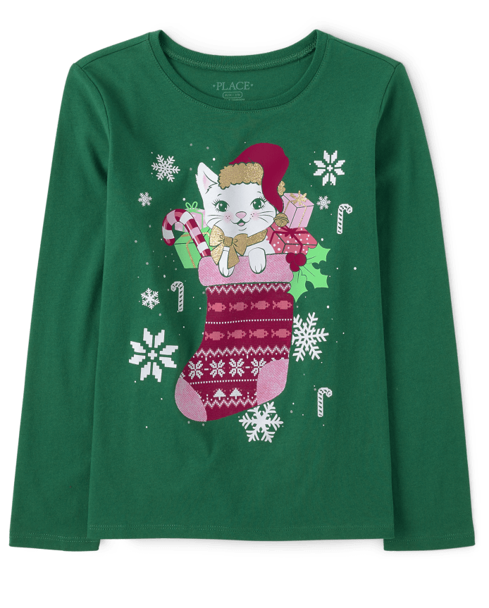 Girls Cat Stocking Graphic Tee