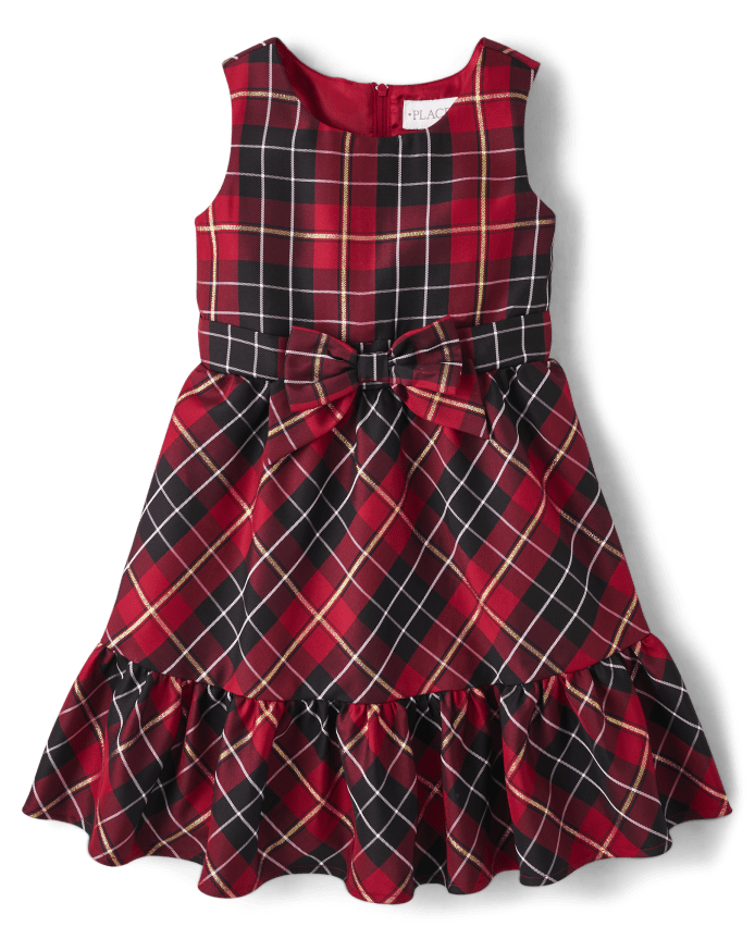 Girls Matching Family Plaid Satin Tiered Fit And Flare Dress