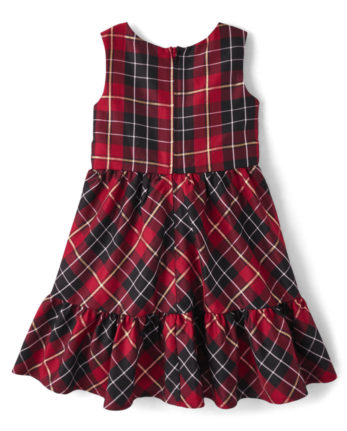 Girls Matching Family Plaid Satin Tiered Fit And Flare Dress