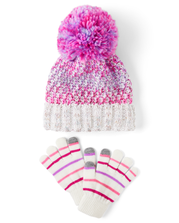 Girls Space Dye Pom Beanie And Texting Gloves 2-Piece Set