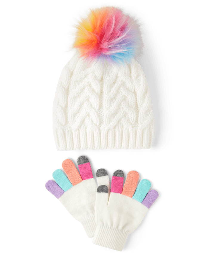 Girls Rainbow Pom Beanie And Texting Gloves 2-Piece Set