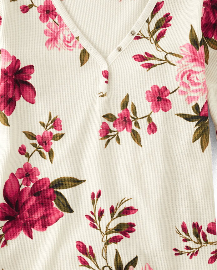 Womens Floral Thermal Henley Pajama Top