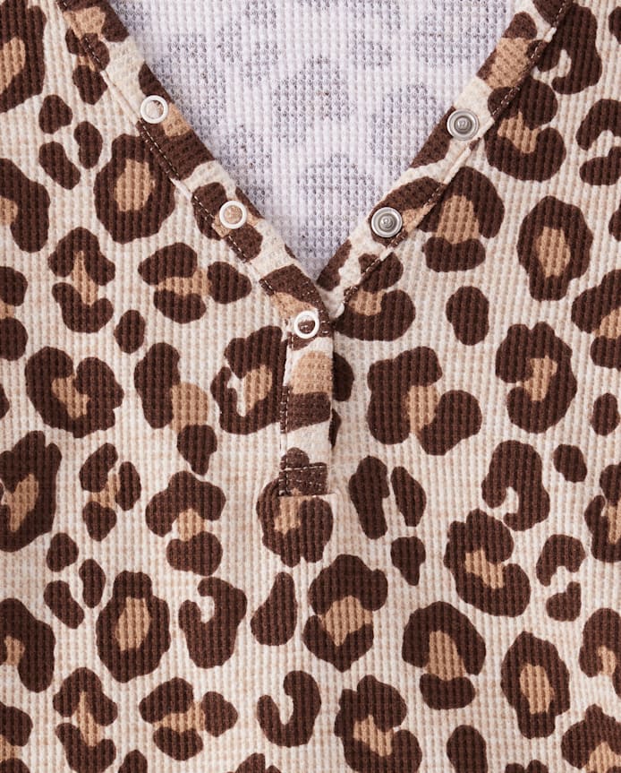 Womens Leopard Thermal Henley Pajama Top