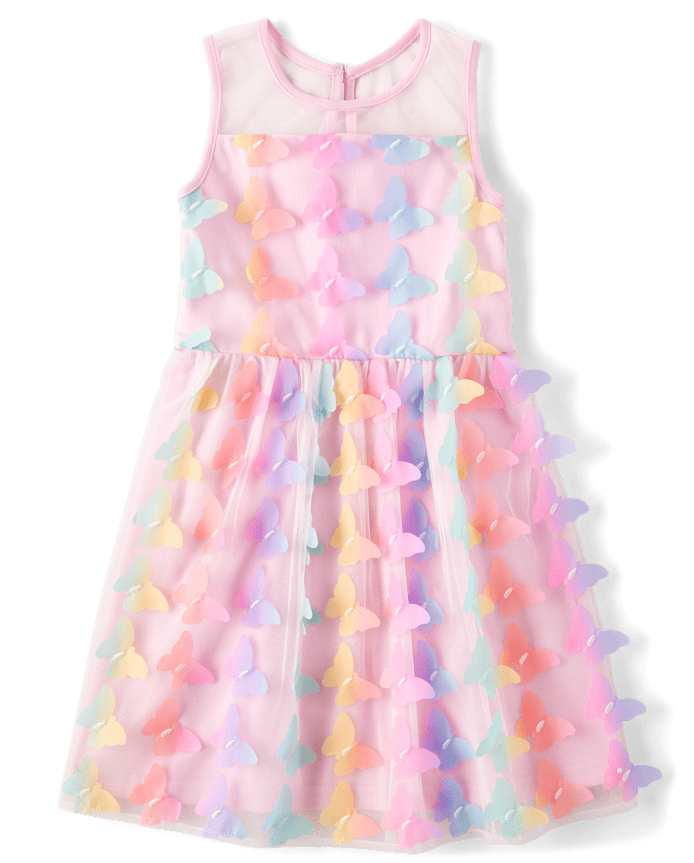 Girls Rainbow 3D Butterfly Mesh Fit And Flare Dress