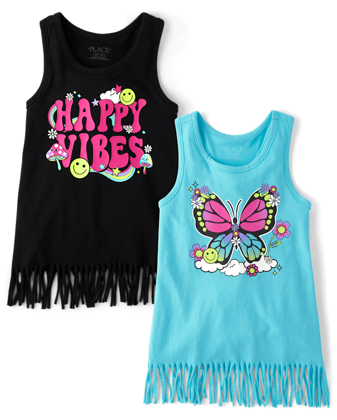 Girls Happy Vibes Fringe Tank Top 2-Pack