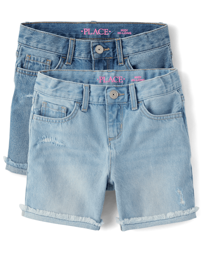 Girls Roll Cuff Denim Midi Shorts 2-Pack