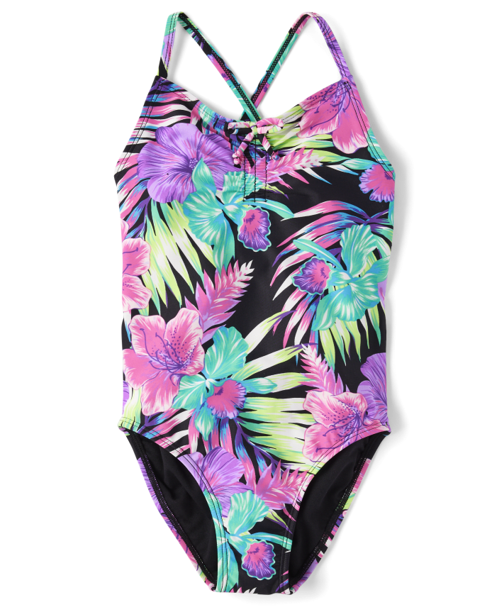 Girls Tropical Cross-Back One Piece Swimsuit