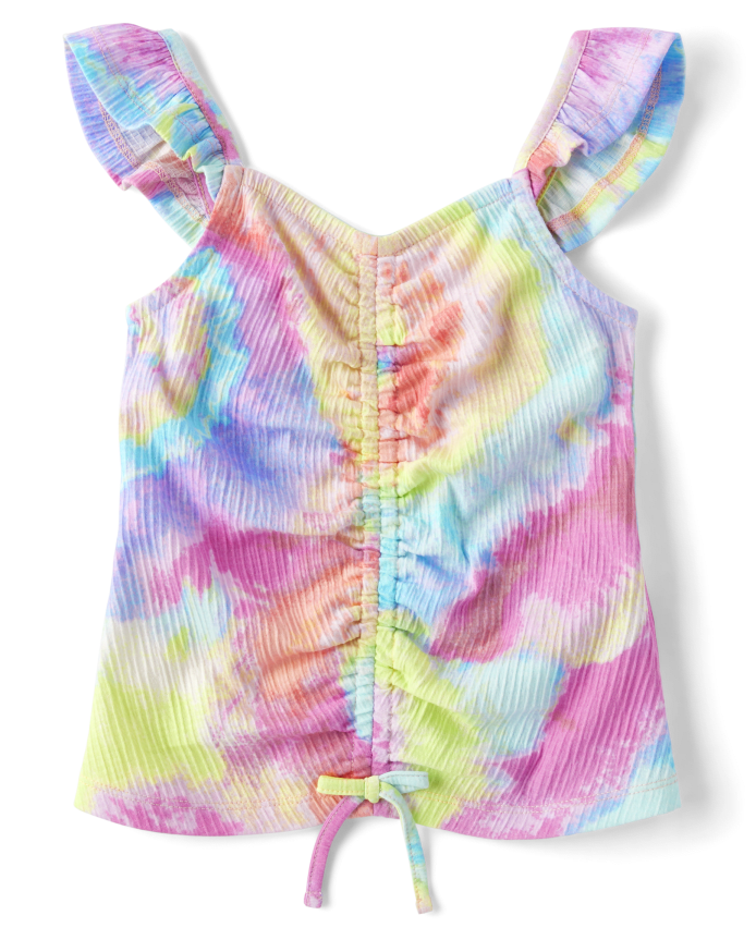 Girls Cinch Front Jacquard Flutter Top