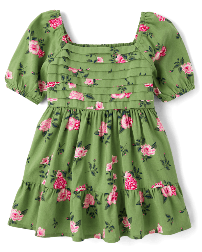 Toddler Girls Floral Pleated Ruffle Dress