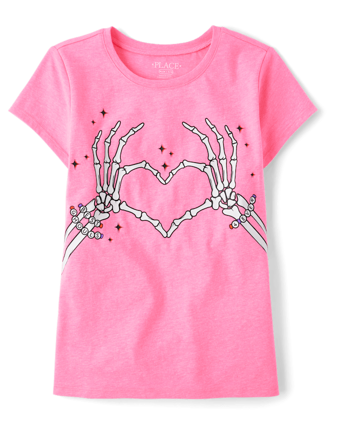Girls Glow Skeleton Hands Heart Graphic Tee