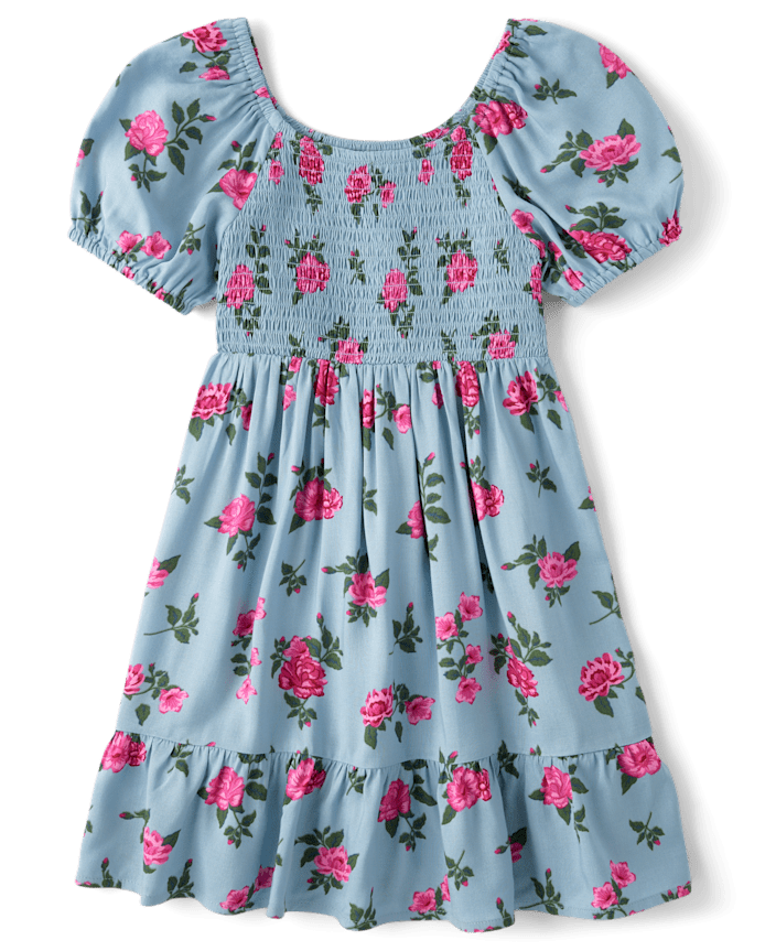 Girls Floral Smocked Ruffle Dress
