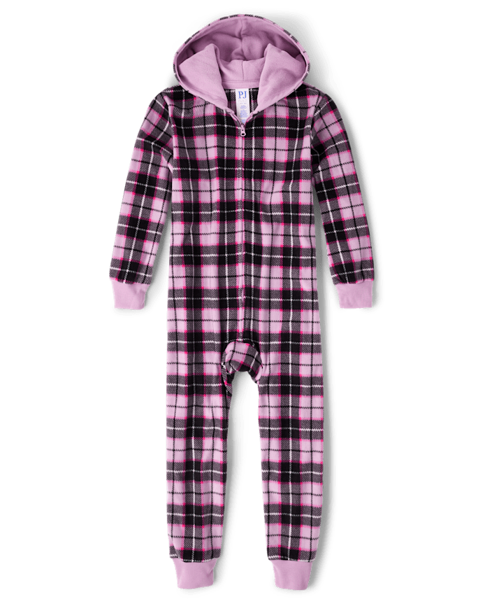 Girls Plaid Microfleece One Piece Pajamas