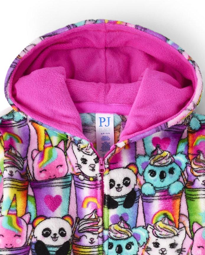 Girls Animal Milkshake One Piece Pajamas - Cozy Fleece