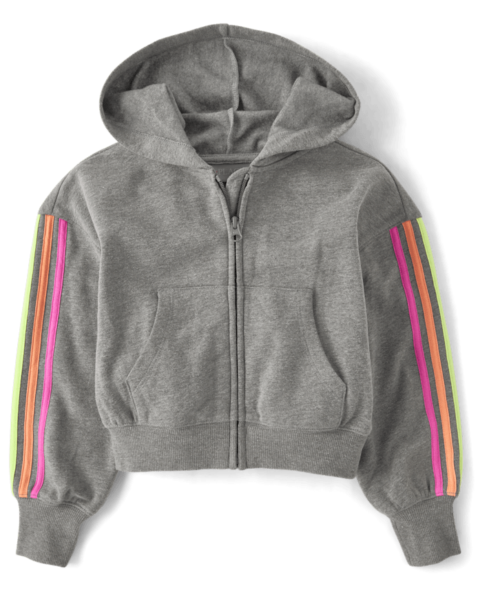 Sweat à capuche court zippé en polaire rayures latérales pour fille