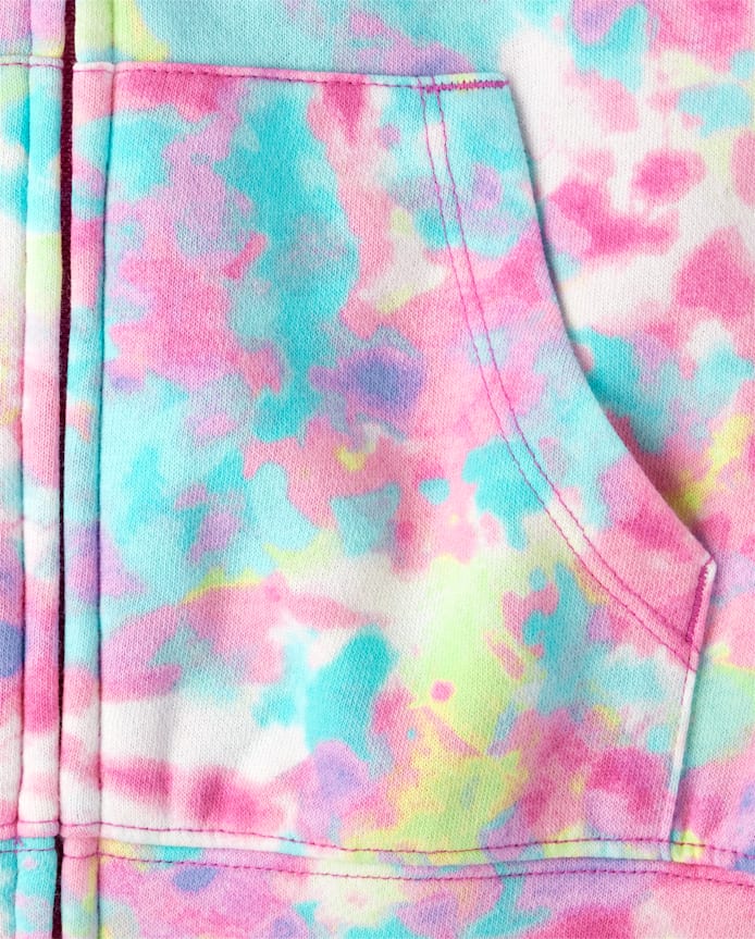 Girls Rainbow Tie Dye Fleece Cropped Zip Up Hoodie