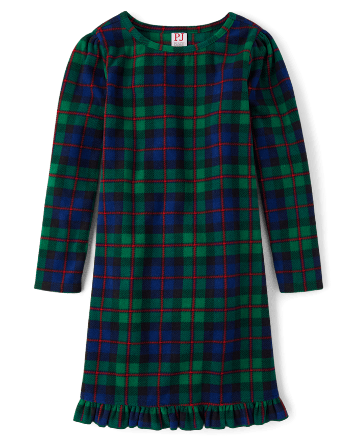 Girls Matching Family Tartan Plaid Microfleece Ruffle Nightgown