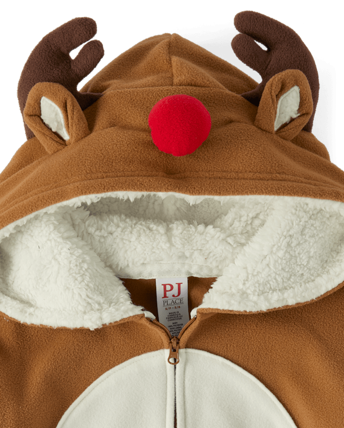 Kids Matching Family Reindeer Microfleece Hooded One Piece Pajamas