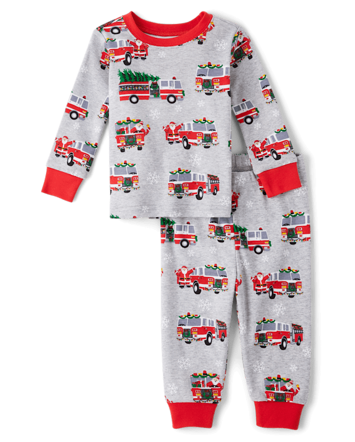 Pyjama ajusté en coton pour bébé et tout-petit, motif camion de pompiers du Père Noël