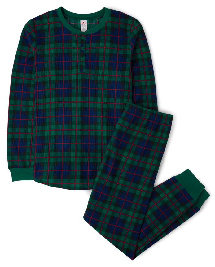 Mens Matching Family Tartan Plaid Thermal Henley Pajamas