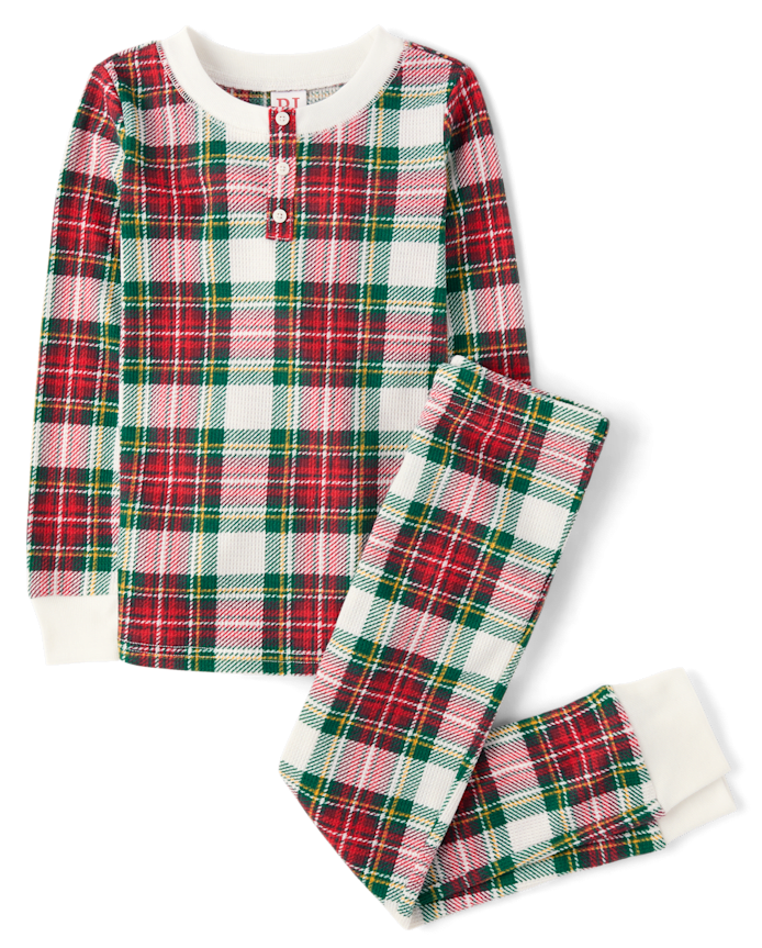 Kids Matching Family Plaid Thermal Henley Pajamas
