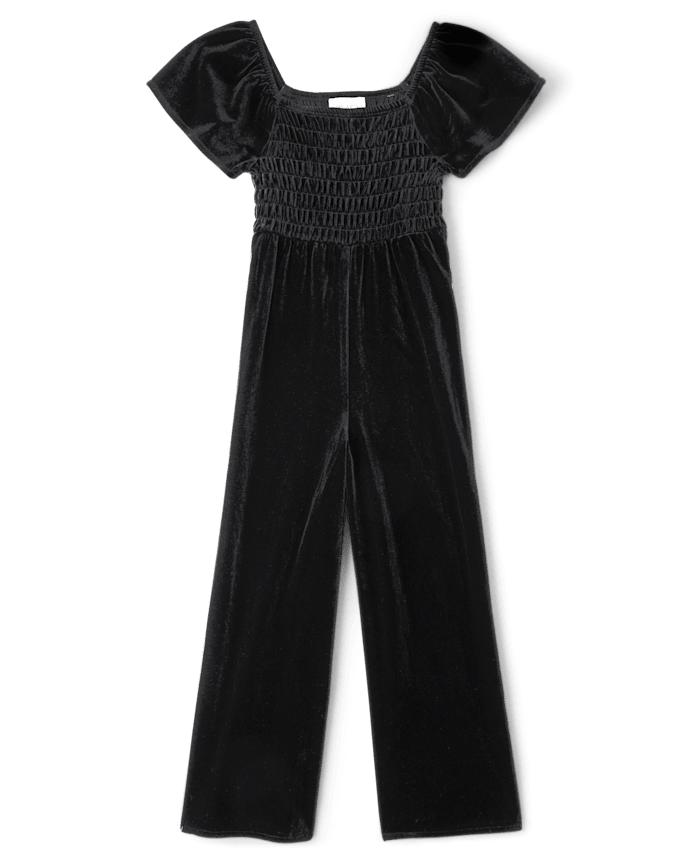 Girls Smocked Wide Leg Velour Jumpsuit