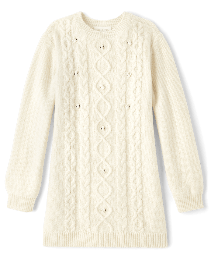 Girls Beaded Cable Knit Sweater Dress
