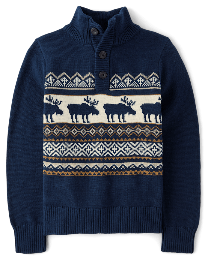 Boys Moose Fairisle Mock Neck Sweater