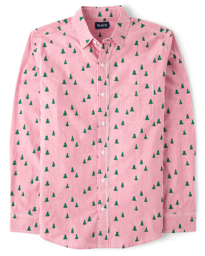 Mens Dad And Me Christmas Tree Poplin Button Up Shirt