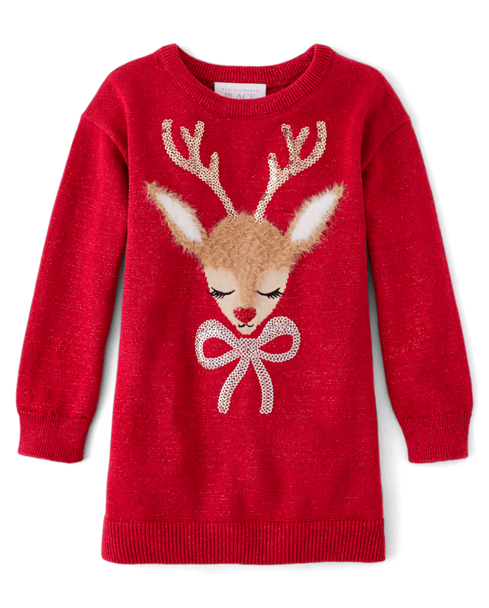 Baby And Toddler Girls Sequin Reindeer Sweater Dress