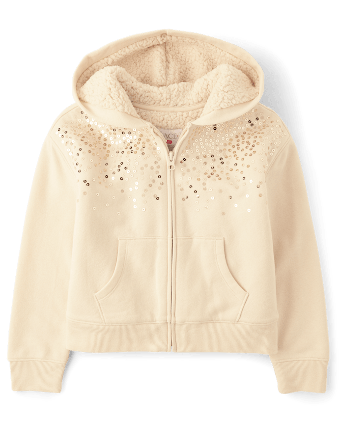 Girls Sequin Fleece Sherpa Lined Zip Up Hoodie