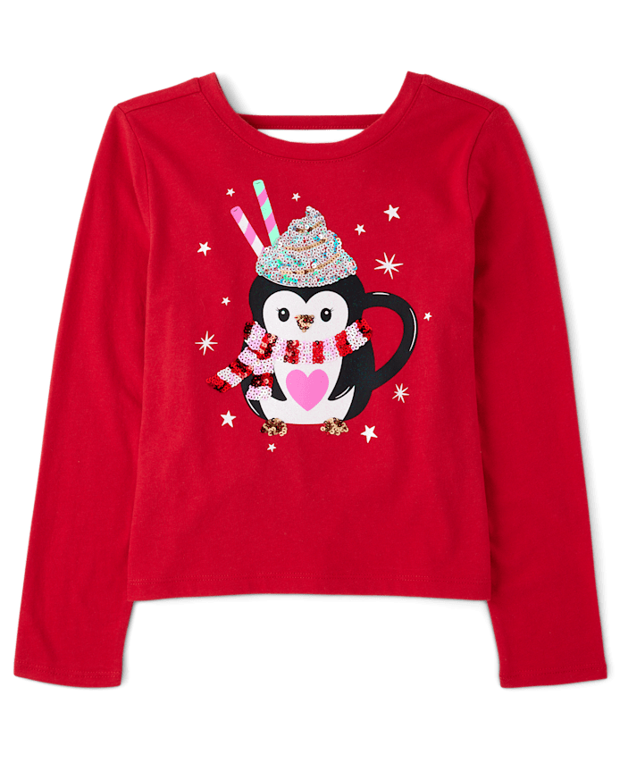 Girls Sequin Penguin Mug Bar Back Top