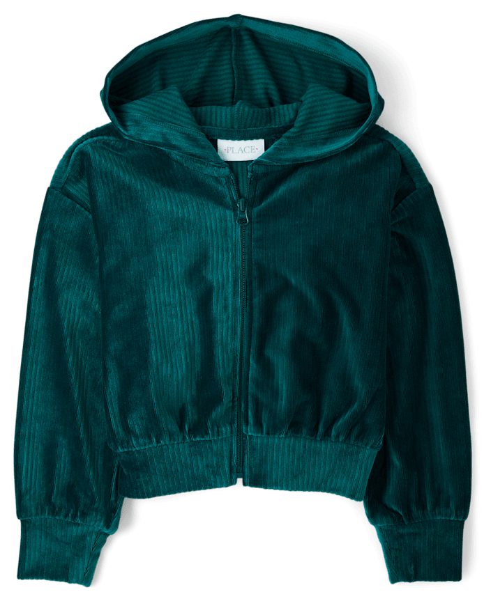 Girls Ribbed Velour Cropped Zip Up Hoodie