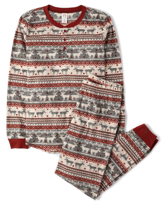 Mens Matching Family Moose Fairsle Thermal Henley Pajamas