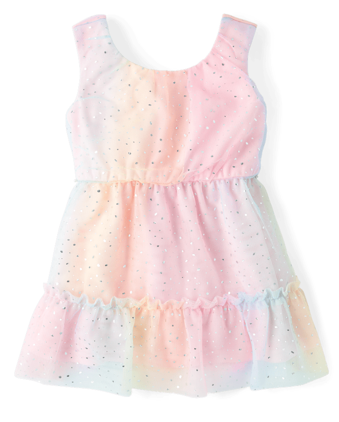 Toddler Girls Rainbow Shimmer Mesh Tiered Dress