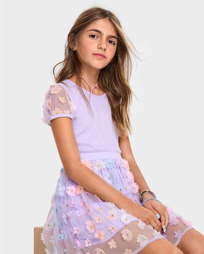 Girls 3D Flower Mesh Fit And Flare Dress