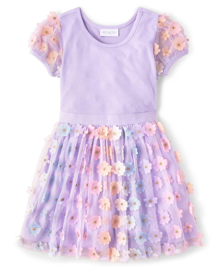 Girls 3D Flower Mesh Fit And Flare Dress