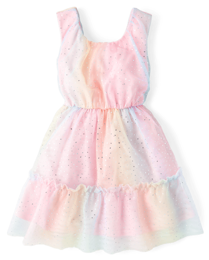 Girls Rainbow Shimmer Mesh Ruffle Dress