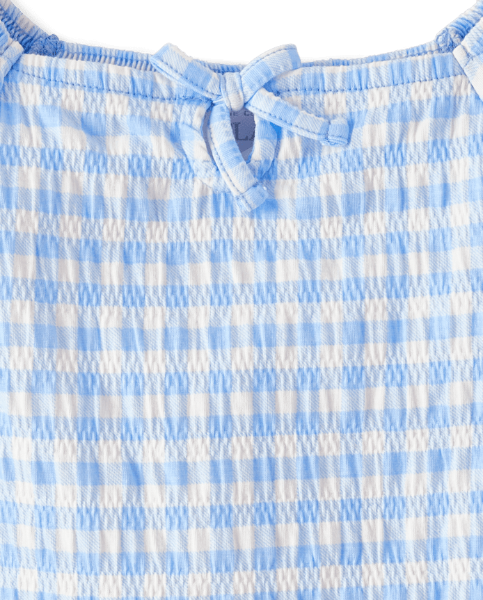 Girls Gingham Smocked Keyhole Top