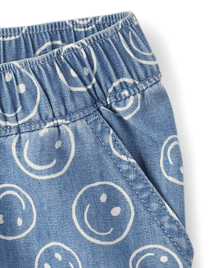 Girls Happy Face Chambray Pull On Shorts