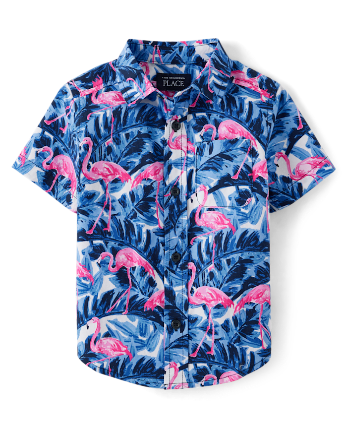 Baby And Toddler Boys Tropical Flamingo Poplin Button Up Shirt