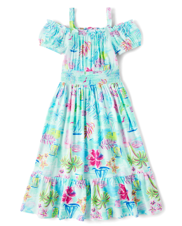 Girls Matching Family Tropical Midi Off Shoulder Dress